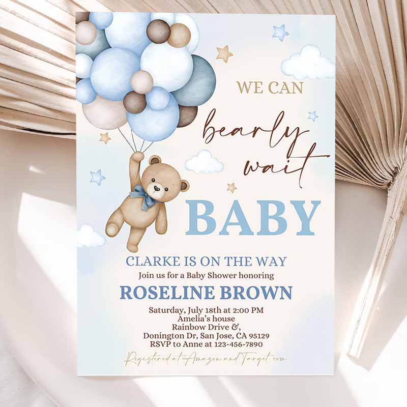 Blue Pampas Grass Teddy Bear Baby Shower Invitation, We Can Bearly Wait Blue Balloons Boho Boy Baby Shower