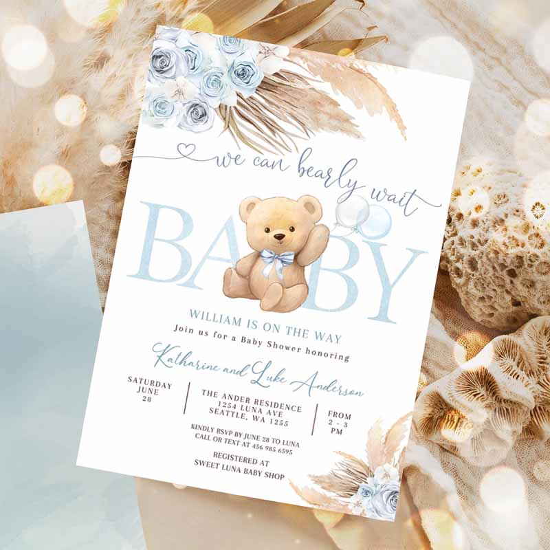 Blue Pampas Grass We Can Bearly Wait Blue Boy Boho Teddy Bear Baby Shower Invitation