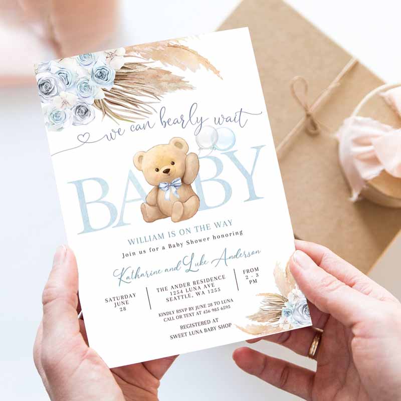 Blue Pampas Grass We Can Bearly Wait Blue Boy Boho Teddy Bear Baby Shower Invitation