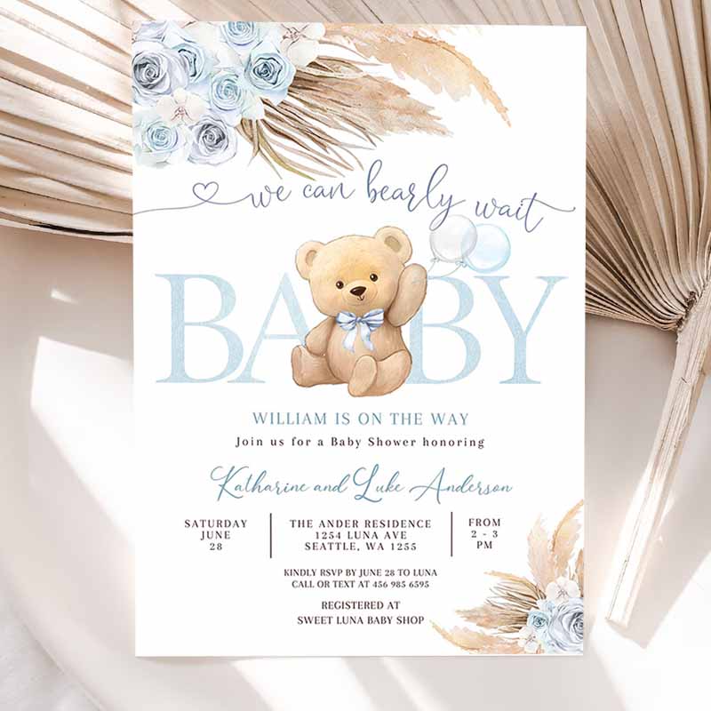 Blue Pampas Grass We Can Bearly Wait Blue Boy Boho Teddy Bear Baby Shower Invitation