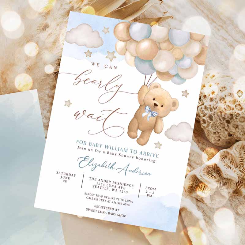 Blue We Can Bearly Wait Teddy Bear Balloon Beareme Baby Shower Invitation