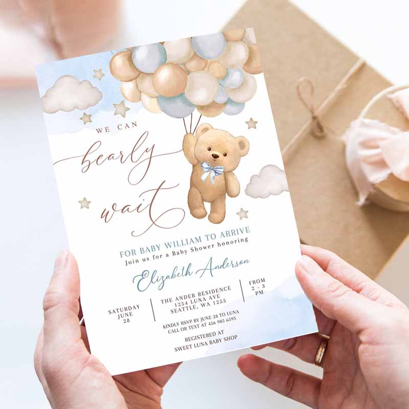 Blue We Can Bearly Wait Teddy Bear Balloon Beareme Baby Shower Invitation