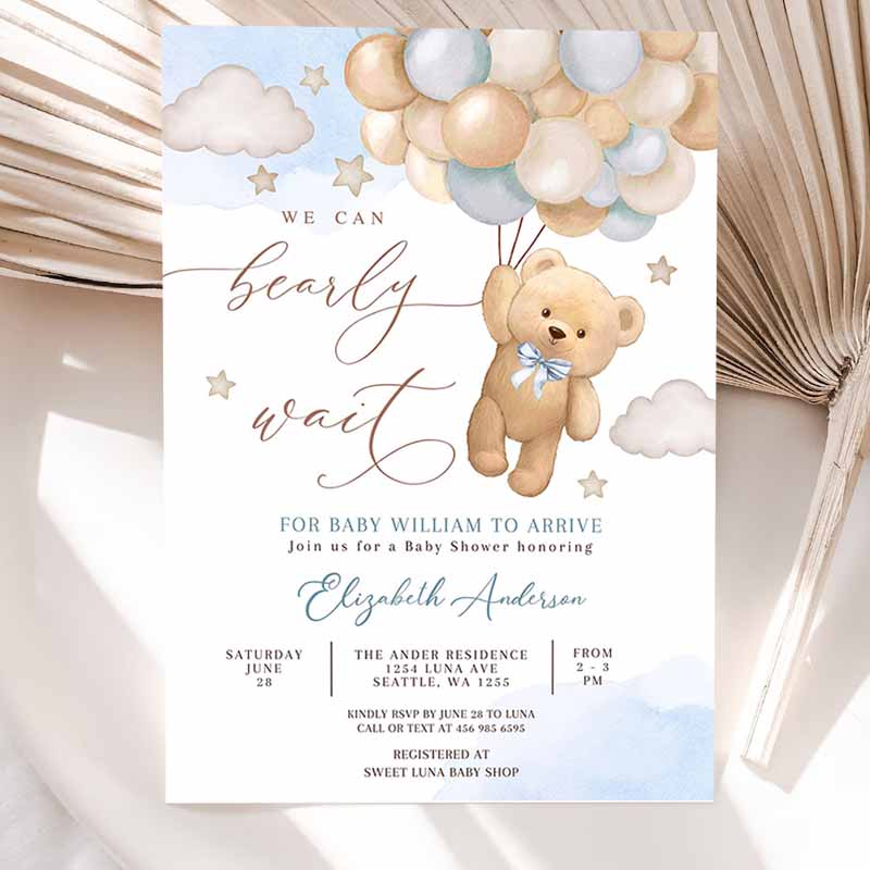 Blue We Can Bearly Wait Teddy Bear Balloon Beareme Baby Shower Invitation