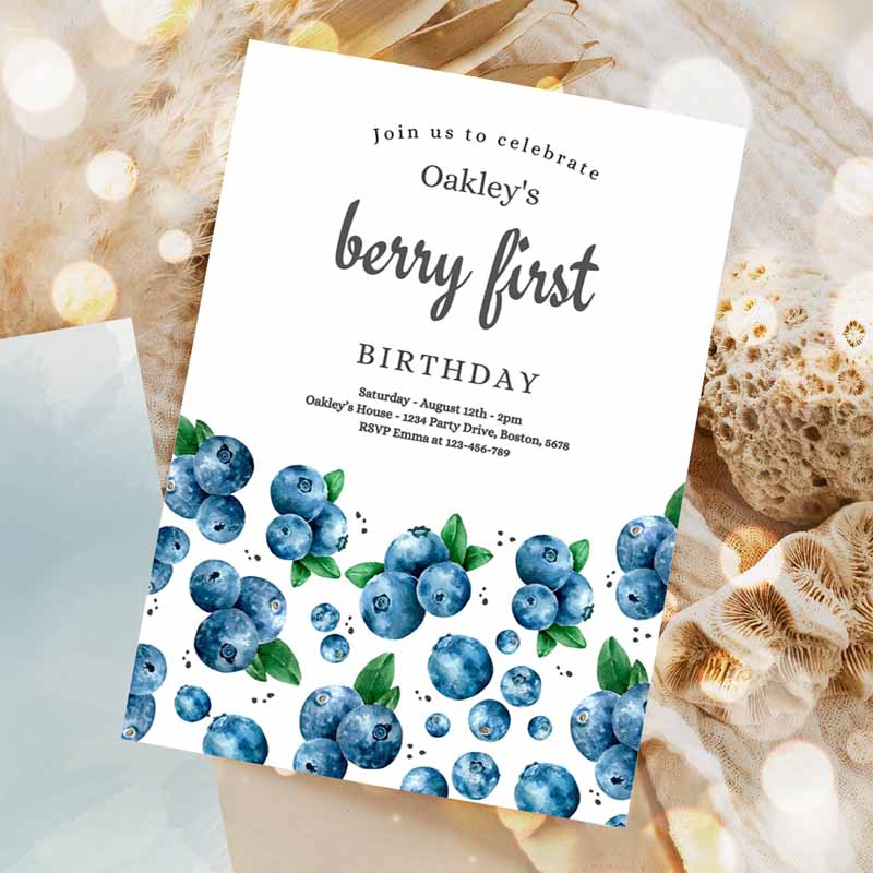 Blueberry Kids Birthday Invitation, Berry Sweet Kids Birthday Invitation, Summer Fruit Berries Kids Birthday Party