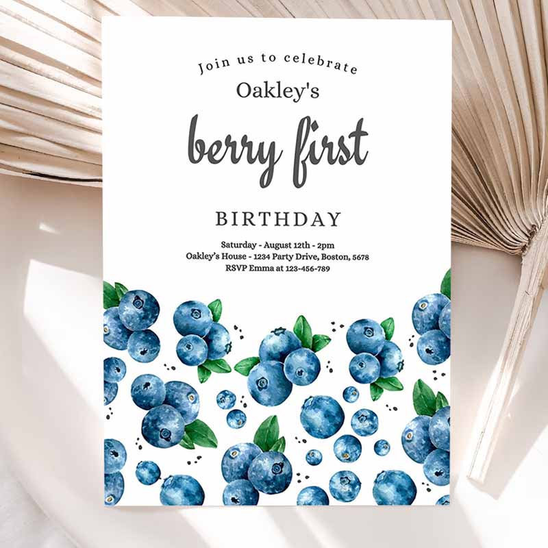 Blueberry Kids Birthday Invitation, Berry Sweet Kids Birthday Invitation, Summer Fruit Berries Kids Birthday Party