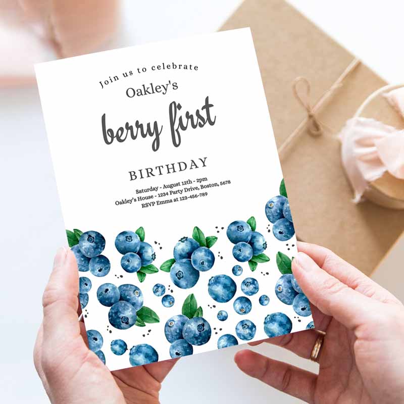 Blueberry Kids Birthday Invitation, Berry Sweet Kids Birthday Invitation, Summer Fruit Berries Kids Birthday Party