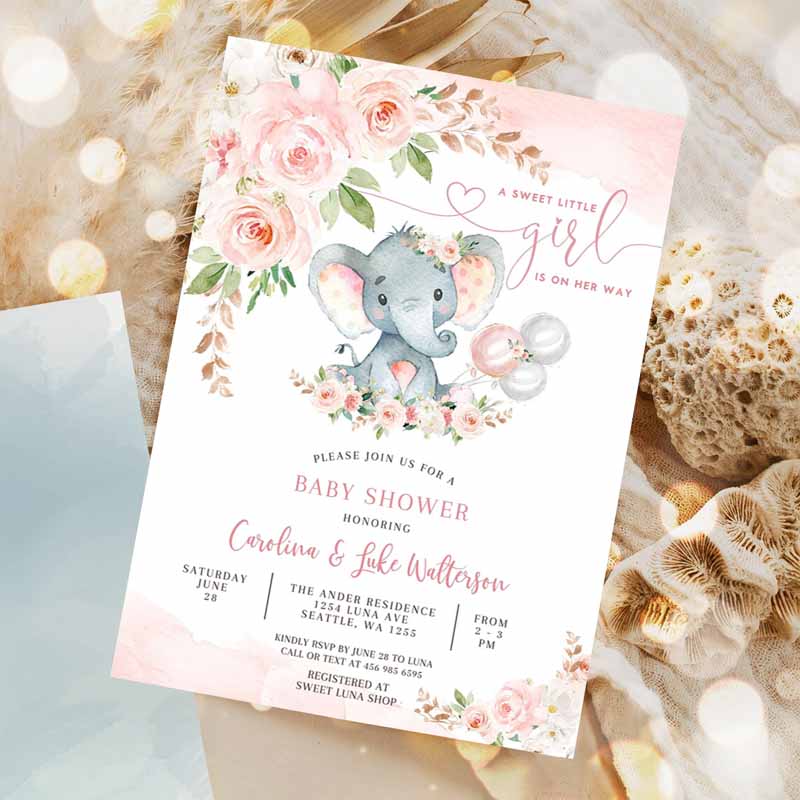 Blush Pink Rose Gold Elephant Baby Shower Invitation, Girl Baby Elephant