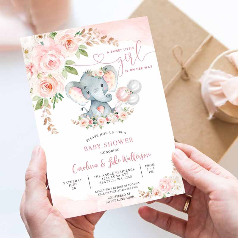 Blush Pink Rose Gold Elephant Baby Shower Invitation, Girl Baby Elephant