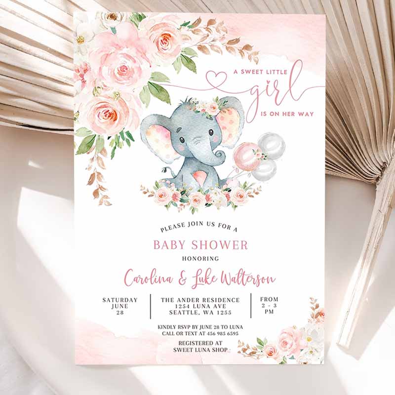 Blush Pink Rose Gold Elephant Baby Shower Invitation, Girl Baby Elephant