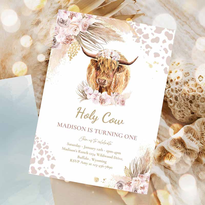 Boho Cow Kids Birthday, Holy Cow I'm One Party, Pink Pampas Grass Boho Highland Cow Party