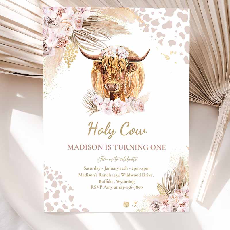 Boho Cow Kids Birthday, Holy Cow I'm One Party, Pink Pampas Grass Boho Highland Cow Party