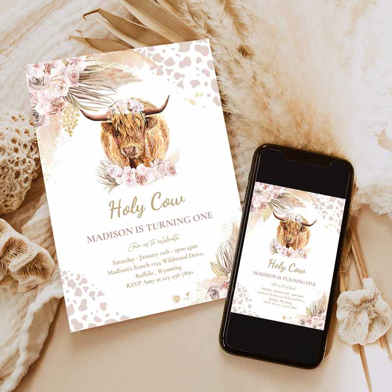 Boho Cow Kids Birthday, Holy Cow I'm One Party, Pink Pampas Grass Boho Highland Cow Party