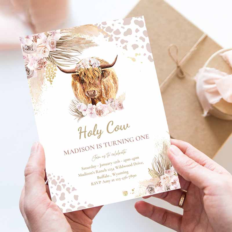 Boho Cow Kids Birthday, Holy Cow I'm One Party, Pink Pampas Grass Boho Highland Cow Party