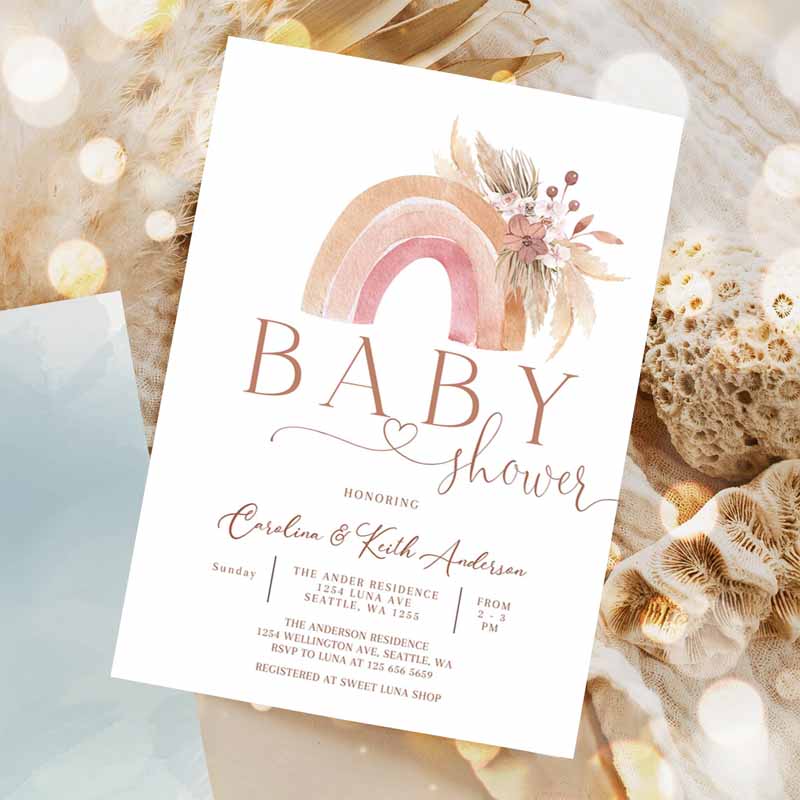 Boho Rainbow Baby Shower Invitation, Pink Pampas Grass Boho Rainbow Baby Shower