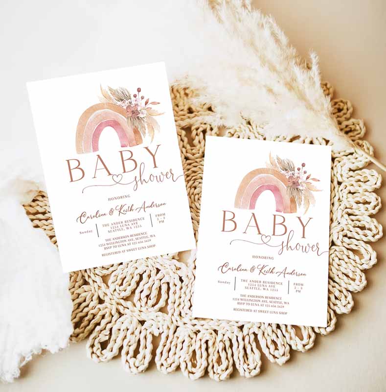 Boho Rainbow Baby Shower Invitation, Pink Pampas Grass Boho Rainbow Baby Shower