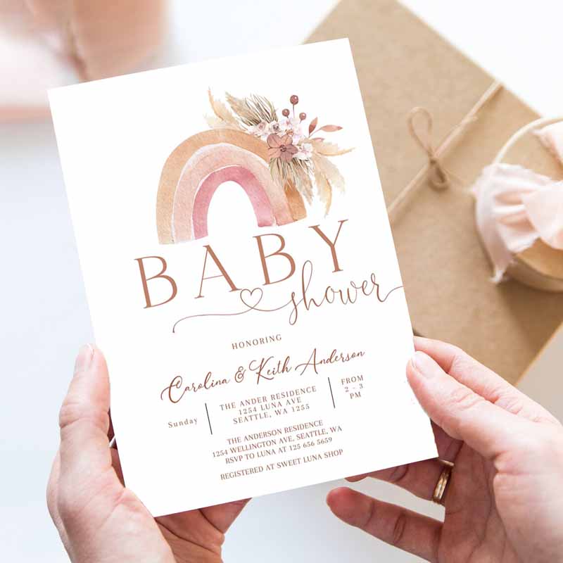 Boho Rainbow Baby Shower Invitation, Pink Pampas Grass Boho Rainbow Baby Shower