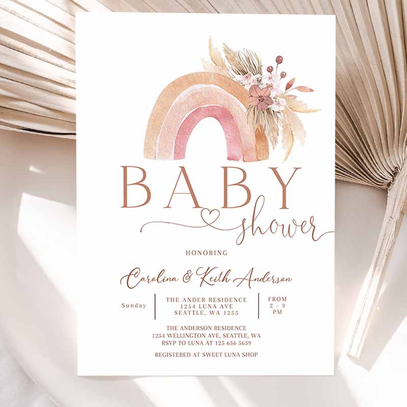 Boho Rainbow Baby Shower Invitation, Pink Pampas Grass Boho Rainbow Baby Shower