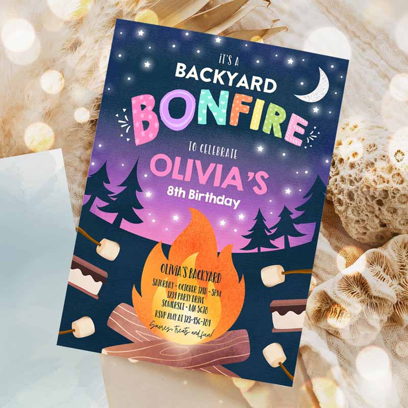 Bonfire Kids Birthday Invitation, S'mores Bonfire Kids Birthday, Invite Backyard Camping S'mores Fun Together Bonfire Party Invitation