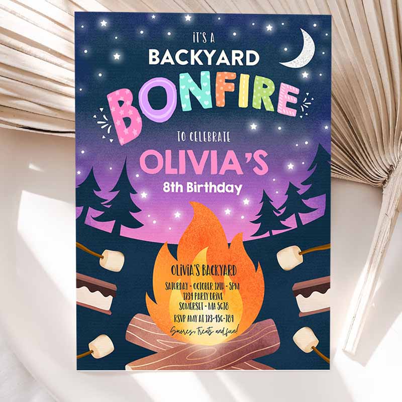 Bonfire Kids Birthday Invitation, S'mores Bonfire Kids Birthday, Invite Backyard Camping S'mores Fun Together Bonfire Party