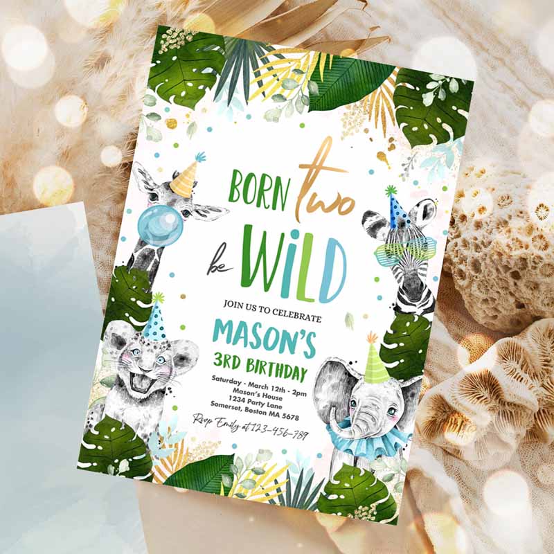 Born Two Be Wild Kids Birthday Invitation, Safari Animal Invite Born Two Be Wild Kids Birthday, Monochrome Jungle Party Invitation