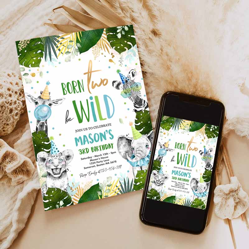 Born Two Be Wild Kids Birthday Invitation, Safari Animal Invite Born Two Be Wild Kids Birthday, Monochrome Jungle Party