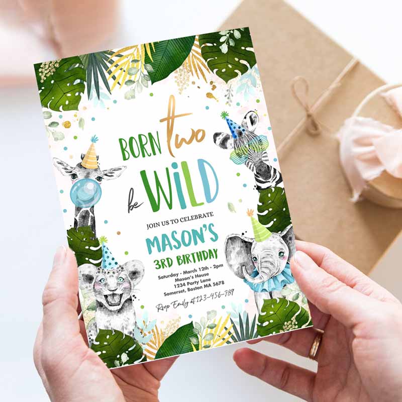 Born Two Be Wild Kids Birthday Invitation, Safari Animal Invite Born Two Be Wild Kids Birthday, Monochrome Jungle Party