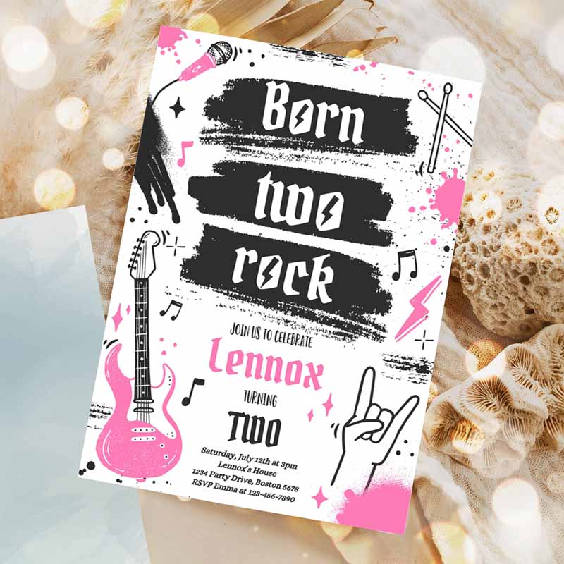 Born Two Rock Kids Birthday, Girl Rock And Roll Party, Punk Rock Kids Birthday, Two Rocks Kids Birthday Invitation