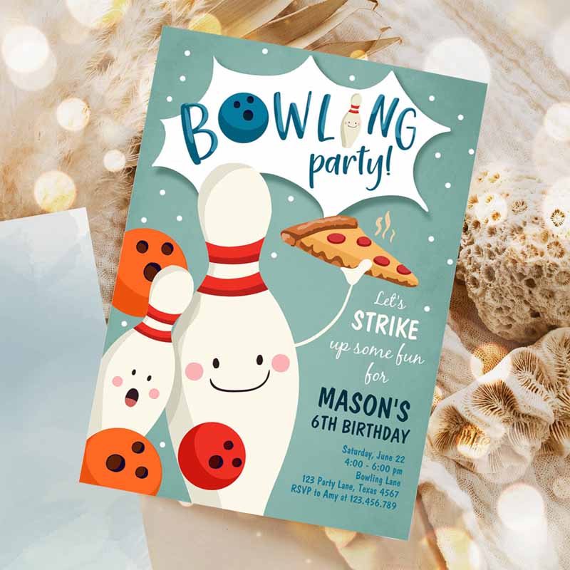 Bowling Kids Birthday Invitation,rike Up Some Fun Boy Bowling Party, Pizza Blue Orange Party Invitation