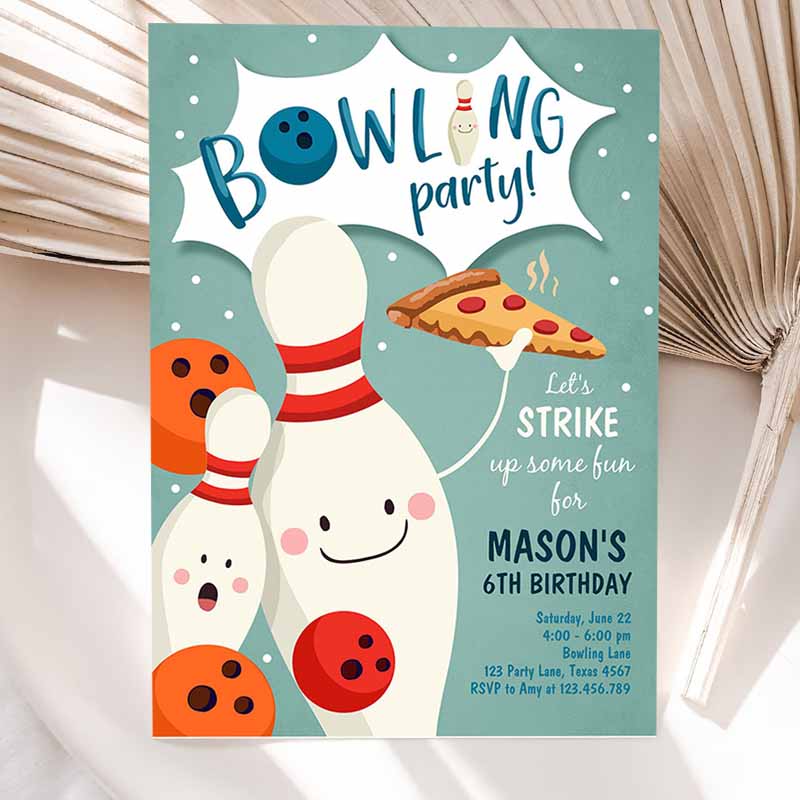 Bowling Kids Birthday Invitation,rike Up Some Fun Boy Bowling Party, Pizza Blue Orange Party Invitation