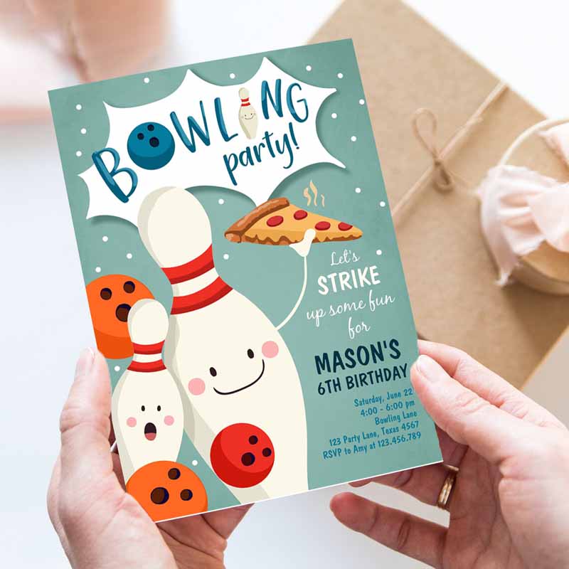 Bowling Kids Birthday Invitation,rike Up Some Fun Boy Bowling Party, Pizza Blue Orange Party Invitation