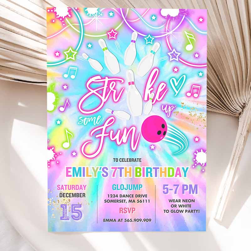 Bowling Invitation, Tie Dye Bowling Kids Birthday Party, Invite Glow Bowling Party, Neon Glow Tie Dye Bowling Party