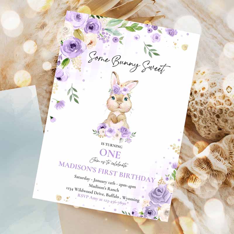 Bunny Kids Birthday, Some Bunny Kids Birthday, Purple Floral Spring Bunny Kids Birthday