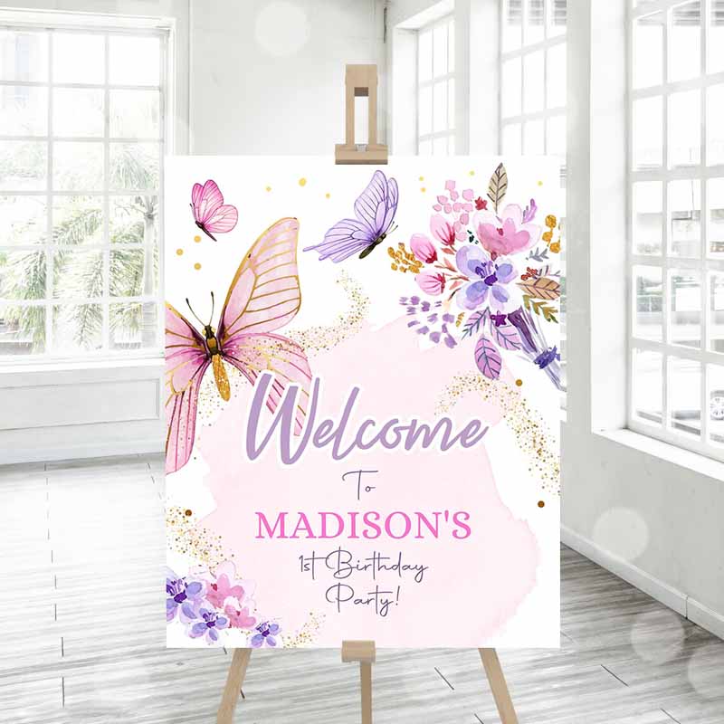 Butterfly Welcome Sign, Butterfly Kids Birthday Party, Butterfly Party, Garden Girl Pink Gold Floral Purple