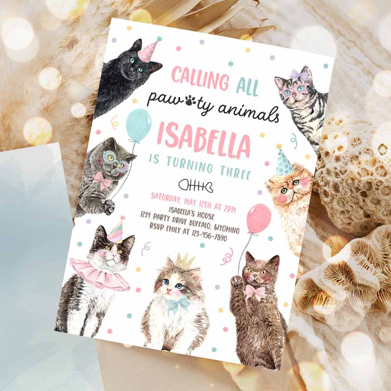 Calling All Paw-ty Animals Kitten Kids Birthday, Cat Kids Birthday Party, Let's Pawty Kitty Cat Party Invitation