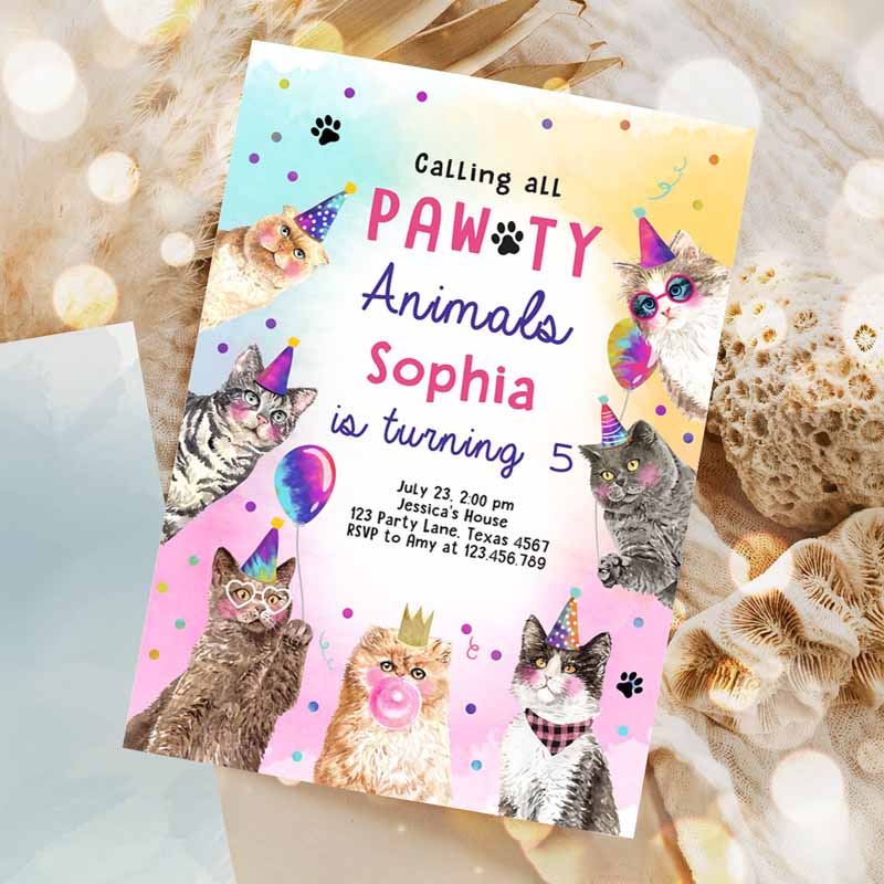 Cat Kids Birthday, Kitten Kids Birthday, Invite Calling All Pawty Animals Animals Download