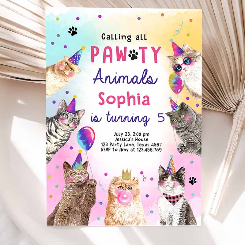 Cat Kids Birthday, Kitten Kids Birthday, Invite Calling All Pawty Animals Animals Download