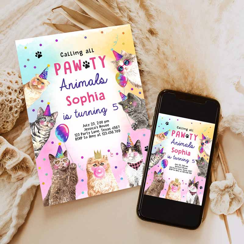 Cat Kids Birthday, Kitten Kids Birthday, Invite Calling All Pawty Animals Animals Download