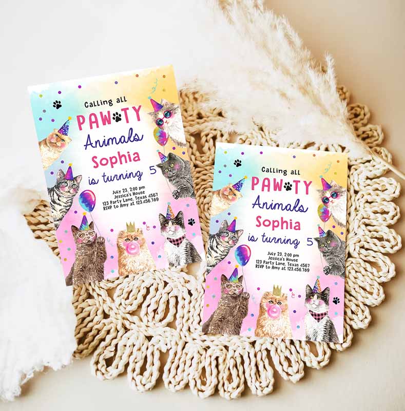 Cat Kids Birthday, Kitten Kids Birthday, Invite Calling All Pawty Animals Animals Download