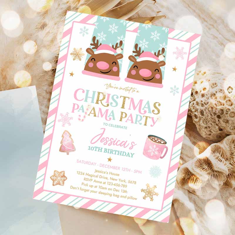 Christmas Pajama Kids Birthday, Girly Pink Gold Slumber Party Invitation, Holiday Pajama Party Invitation