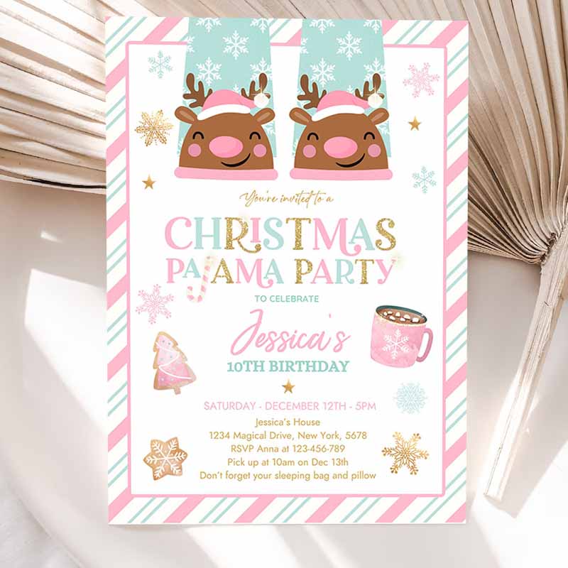 Christmas Pajama Kids Birthday, Girly Pink Gold Slumber Party Invitation, Holiday Pajama Party