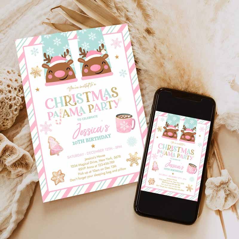 Christmas Pajama Kids Birthday, Girly Pink Gold Slumber Party Invitation, Holiday Pajama Party