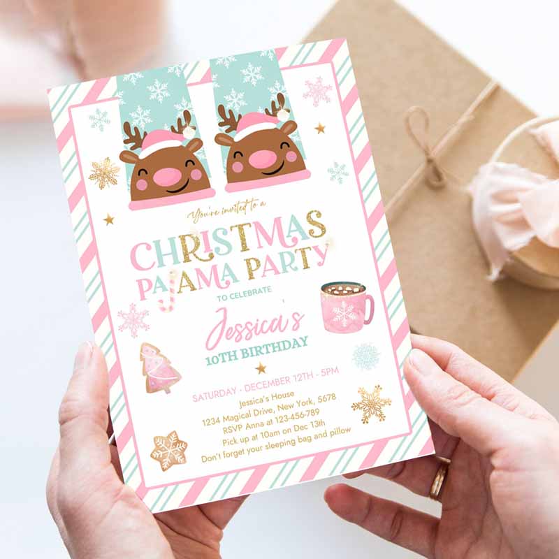 Christmas Pajama Kids Birthday, Girly Pink Gold Slumber Party Invitation, Holiday Pajama Party