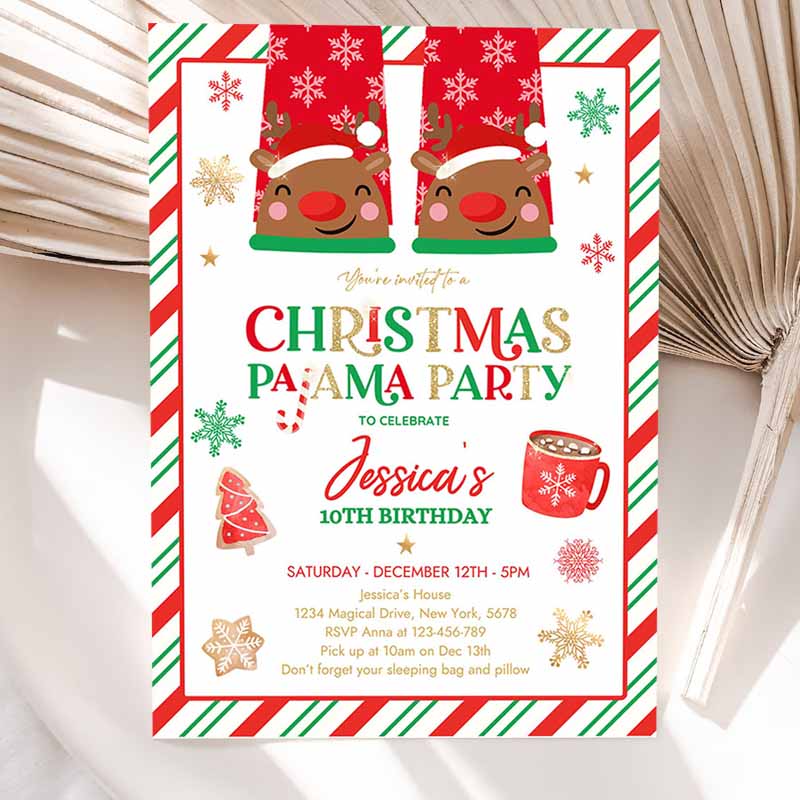 Christmas Pajama Kids Birthday, Red And Gold Christmas Slumber Party Invitation, Holiday Pajama Party