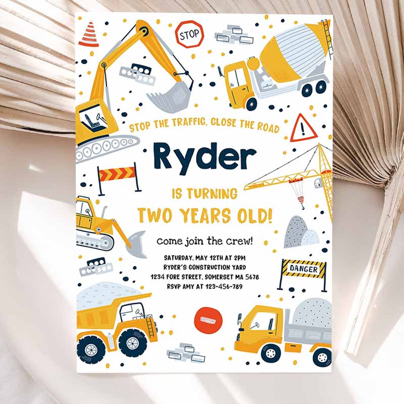 Construction Kids Birthday Invitation, Dump Truck Kids Birthday Party, Digger Excavator Dumper Construction Site Party Invitation