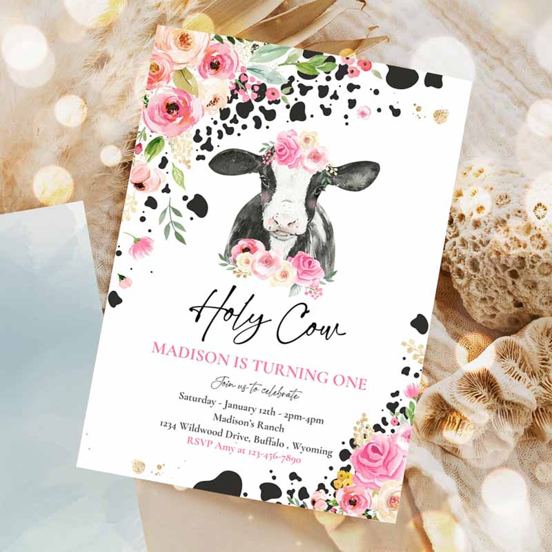 Cow Kids Birthday, Holy Cow I'm One Kids Birthday Party, Pink Floral Farm Cow Kids Birthday