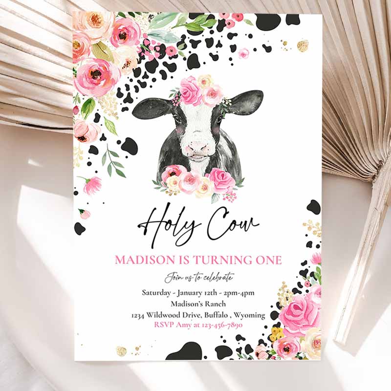 Cow Kids Birthday, Holy Cow I'm One Kids Birthday Party, Pink Floral Farm Cow Kids Birthday Party