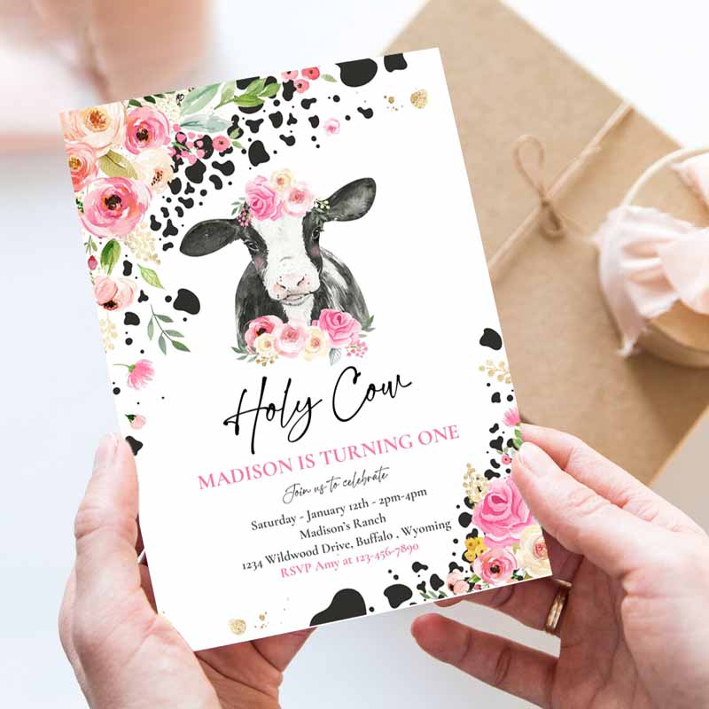 Cow Kids Birthday, Holy Cow I'm One Kids Birthday Party, Pink Floral Farm Cow Kids Birthday Party