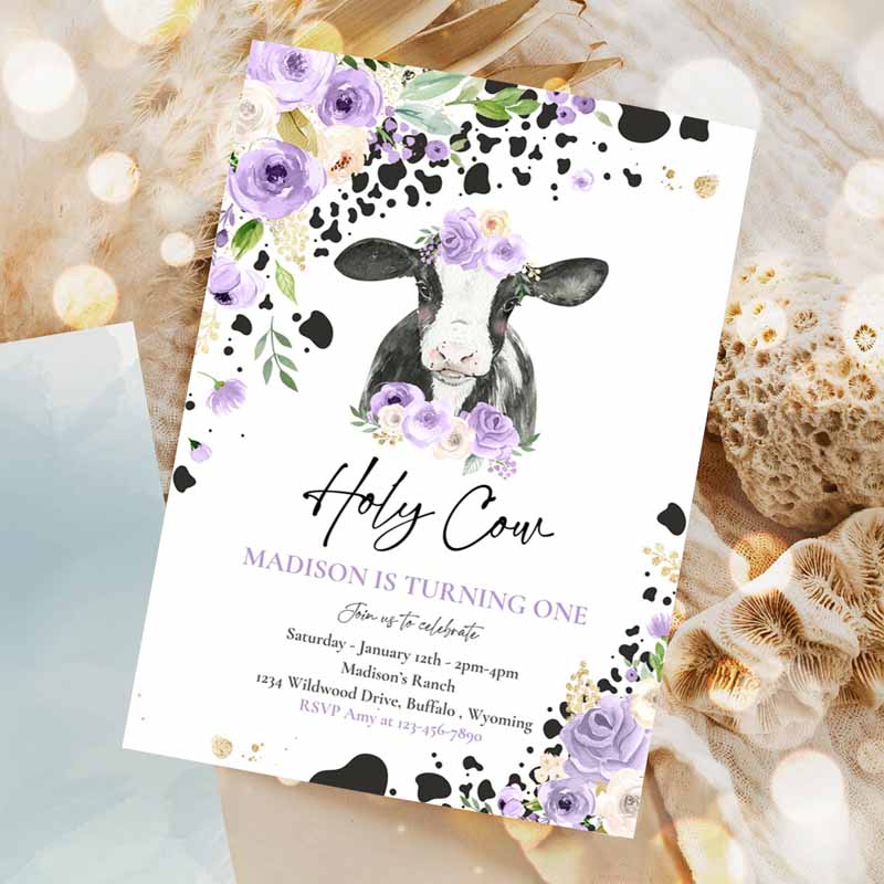 Cow Kids Birthday, Holy Cow I'm One Kids Birthday Party, Purple Lilac Floral Farm Cow Kids Birthday Party