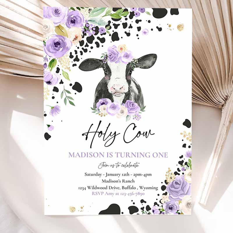 Cow Kids Birthday, Holy Cow I'm One Kids Birthday Party, Purple Lilac Floral Farm Cow Kids Birthday Party