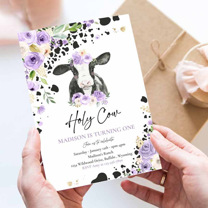 Cow Kids Birthday, Holy Cow I'm One Kids Birthday Party, Purple Lilac Floral Farm Cow Kids Birthday Party